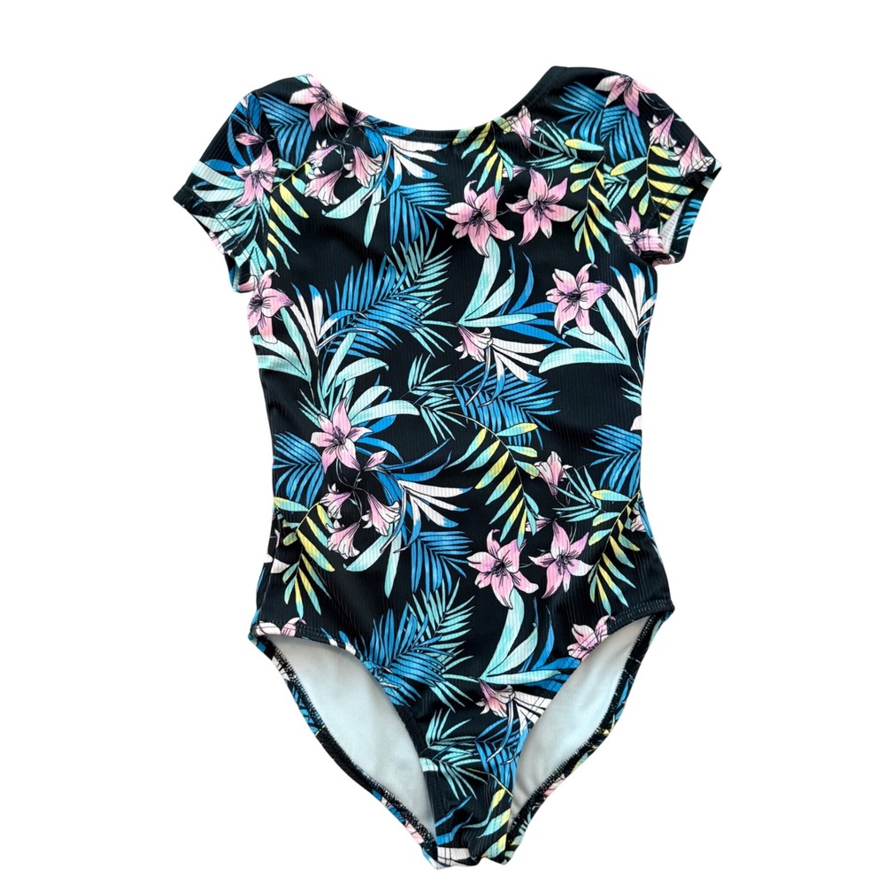 Art Class One Piece Swimsuit Girls M 7/8 Black Tropical Floral Ribbed Open Back